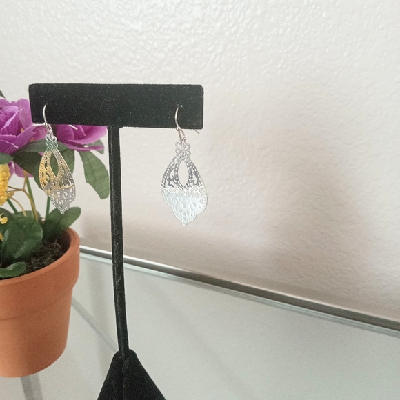 Filigree Silver Teardrop Ornament Earrings - Picture 3 of 3